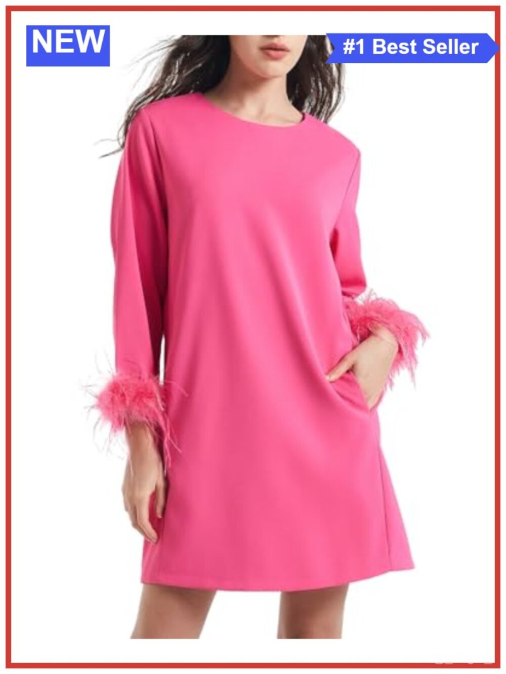 Feather Mini Dress 3/4 Sleeve Cocktail Party Dress